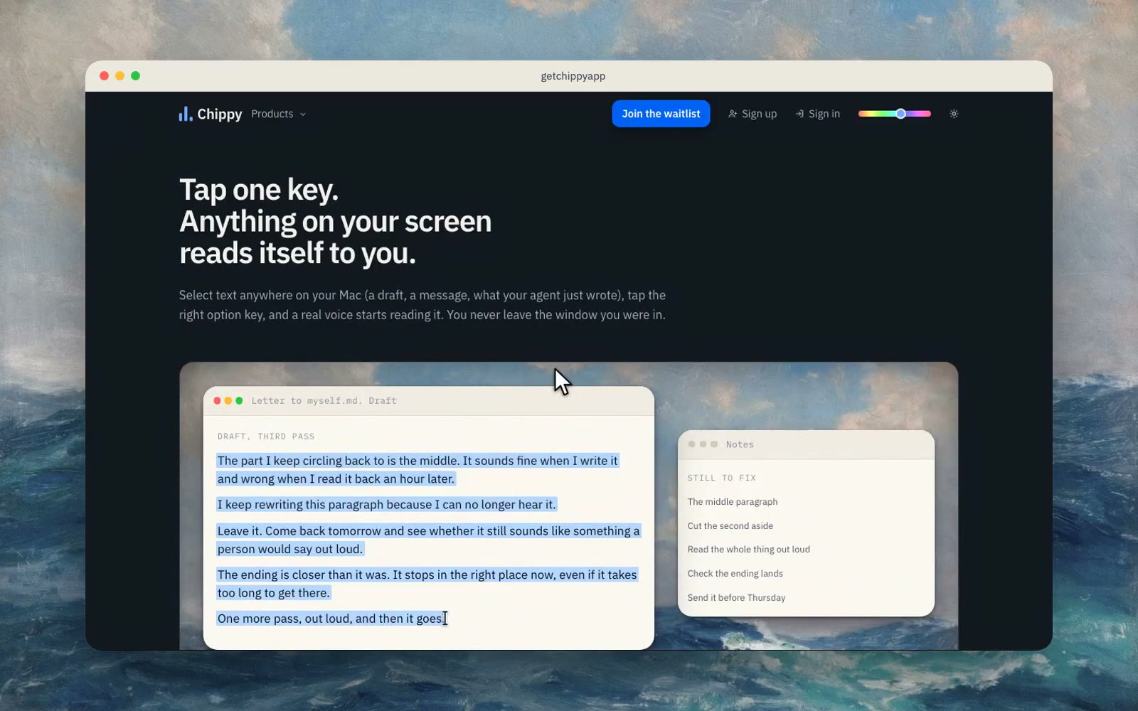 A frame from the film: The two keys, the page in the home page's window over the sea painting.